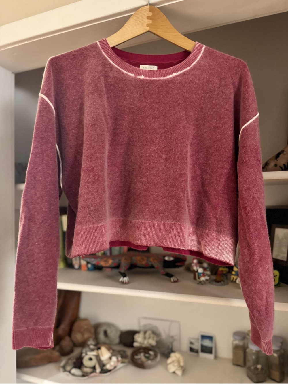 Pilcro 100% Cashmere Boxy Cut Sweater in Dusty Rose with White Piping - Small
